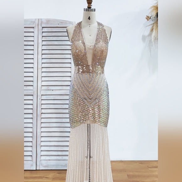 Beaded Halter Neckline Mermaid Dress - Stunning Tulle Evening Prom Dress - Picture 4 of 11